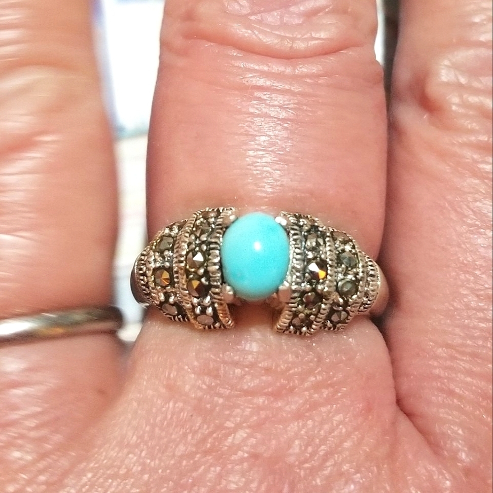 VTG Sleeping Beauty Turquoise Marcasite Sterling Silver Ring